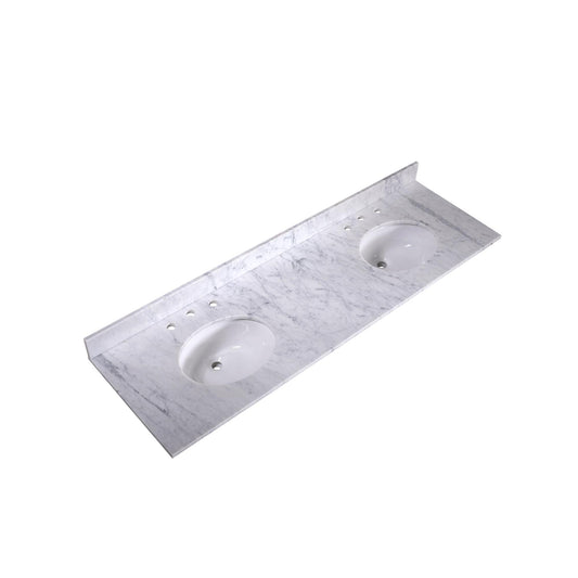 72" x 22" x 0.75" Carrara White Marble Top - 4" Backsplash, Double Oval Ceramic Sink (8" spread)