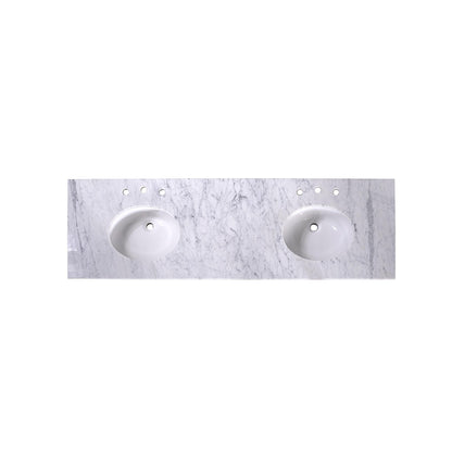 72" x 22" x 0.75" Carrara White Marble Top - 4" Backsplash, Double Oval Ceramic Sink (8" spread)