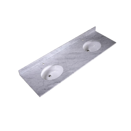 72" x 22" x 0.75" Carrara White Marble Top - 4" Backsplash, Double Oval Ceramic Sink (1-hole)