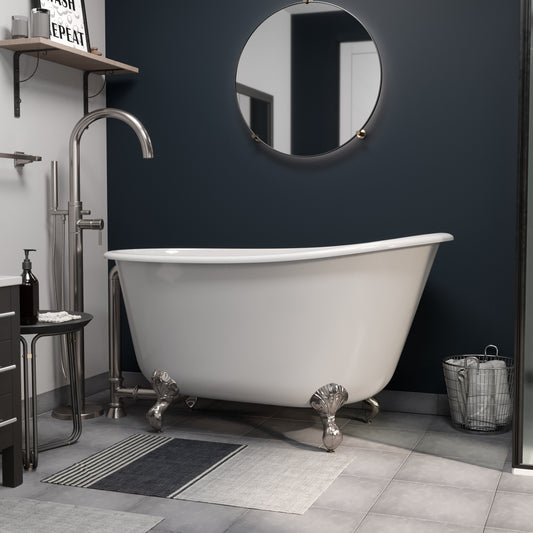 Cast Iron Swedish Slipper Tub 54" X 30" with no Faucet Drillings and Complete Brushed Nickel Modern Freestanding Tub Filler with Hand Held Shower Assembly Plumbing Package
