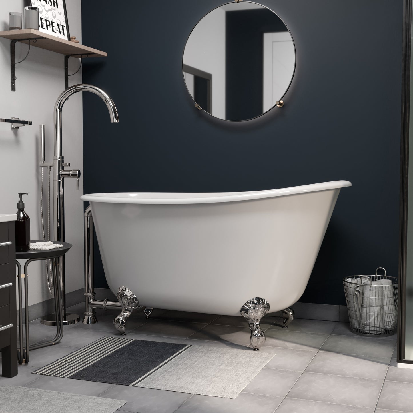 Cast Iron Swedish Slipper Tub 54" X 30" with no Faucet Drillings and Complete Polished Chrome Modern Freestanding Tub Filler with Hand Held Shower Assembly Plumbing Package
