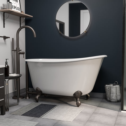 Cast Iron Swedish Slipper Tub 54" X 30" with no Faucet Drillings and Complete Oil Rubbed Bronze Modern Freestanding Tub Filler with Hand Held Shower Assembly Plumbing Package