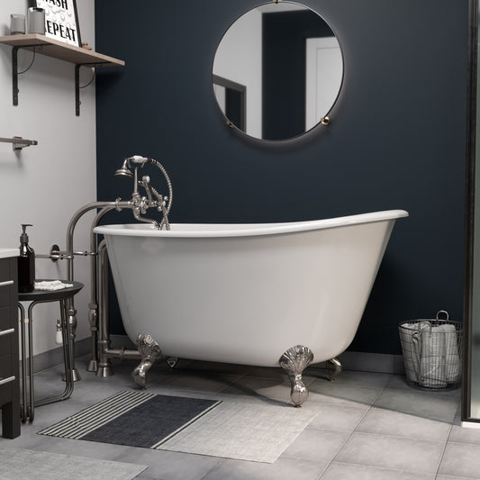 Cast Iron Swedish Slipper Tub 54" X 30" with No Faucet Drillings and Complete Free Standing British Telephone Faucet and Hand Held Shower  Brushed Nickel Plumbing Package