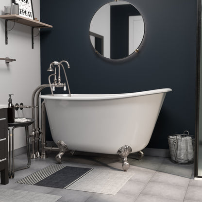 Cast Iron Swedish Slipper Tub 54" X 30" with no Faucet Drillings and Complete Brushed Nickel Free Standing English Telephone Style Faucet with Hand Held Shower Assembly Plumbing Package