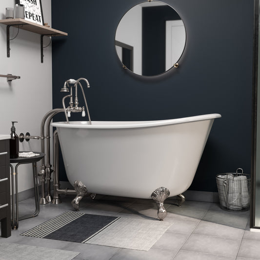 Cast Iron Swedish Slipper Tub 54" X 30" with no Faucet Drillings and Complete Brushed Nickel Free Standing English Telephone Style Faucet with Hand Held Shower Assembly Plumbing Package