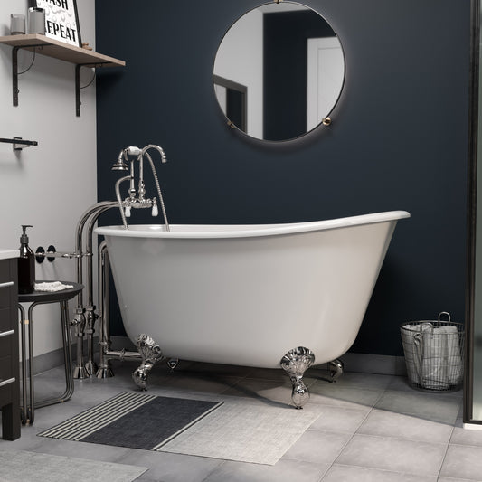 Cast Iron Swedish Slipper Tub 54" X 30" with no Faucet Drillings and Complete Polished Chrome Free Standing English Telephone Style Faucet with Hand Held Shower Assembly Plumbing Package