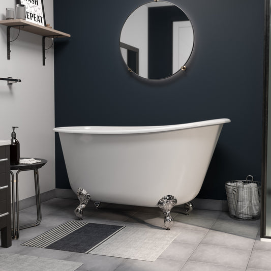 Cast Iron Swedish Slipper Tub 54" X 30" with No Faucet Drillings and Polished Chrome Feet