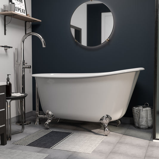 Cast Iron Swedish Slipper Tub 58" X 30" with no Faucet Drillings and Complete Polished Chrome Modern Freestanding Tub Filler with Hand Held Shower Assembly Plumbing Package