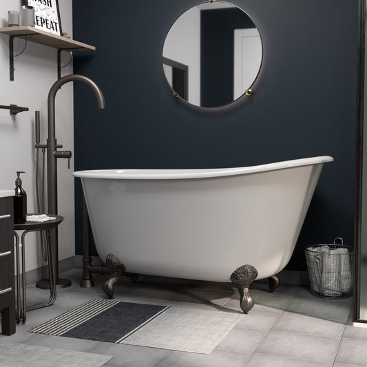 Cast Iron Swedish Slipper Tub 58" X 30" with no Faucet Drillings and Complete Oil Rubbed Bronze Modern Freestanding Tub Filler with Hand Held Shower Assembly Plumbing Package