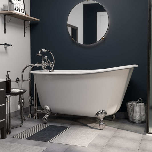 Cast Iron Swedish Slipper Tub 58" X 30" with No Faucet Drillings and Complete Polished Chrome Plumbing Package