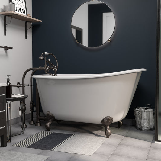 Cast Iron Swedish Slipper Tub 58" X 30" with No Faucet Drillings and complete Oil Rubbed Bronze Plumbing Package (faucet not pictured)