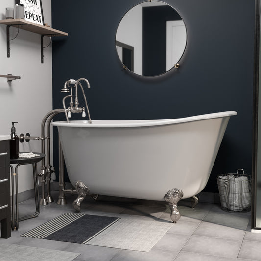 Cast Iron Swedish Slipper Tub 58" X 30" with no Faucet Drillings and Complete Brushed Nickel Free Standing English Telephone Style Faucet with Hand Held Shower Assembly Plumbing Package