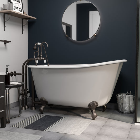 Cast Iron Swedish Slipper Tub 58" X 30" with no Faucet Drillings and Complete Oil Rubbed Bronze Free Standing English Telephone Style Faucet with Hand Held Shower Assembly Plumbing Package