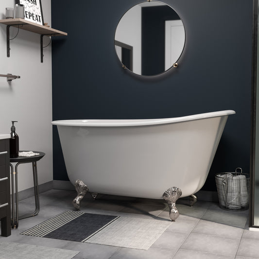 Cast Iron Swedish Slipper Tub 58" X 30" with No Faucet Drillings and Brushed Nickel Feet