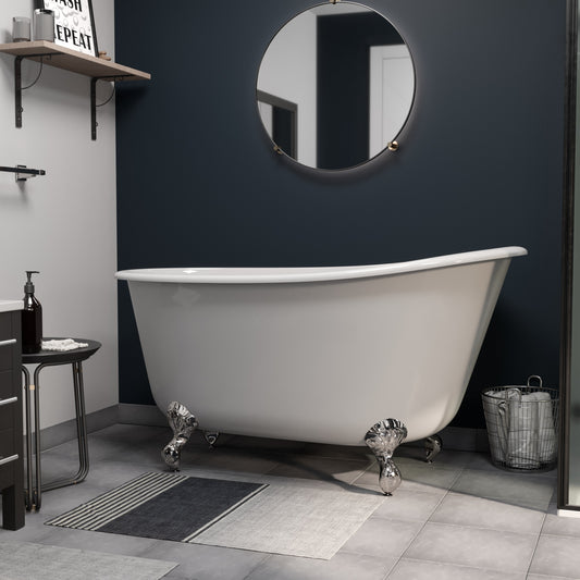Cast Iron Swedish Slipper Tub 58" X 30" with No Faucet Drillings and Polished Chrome Feet