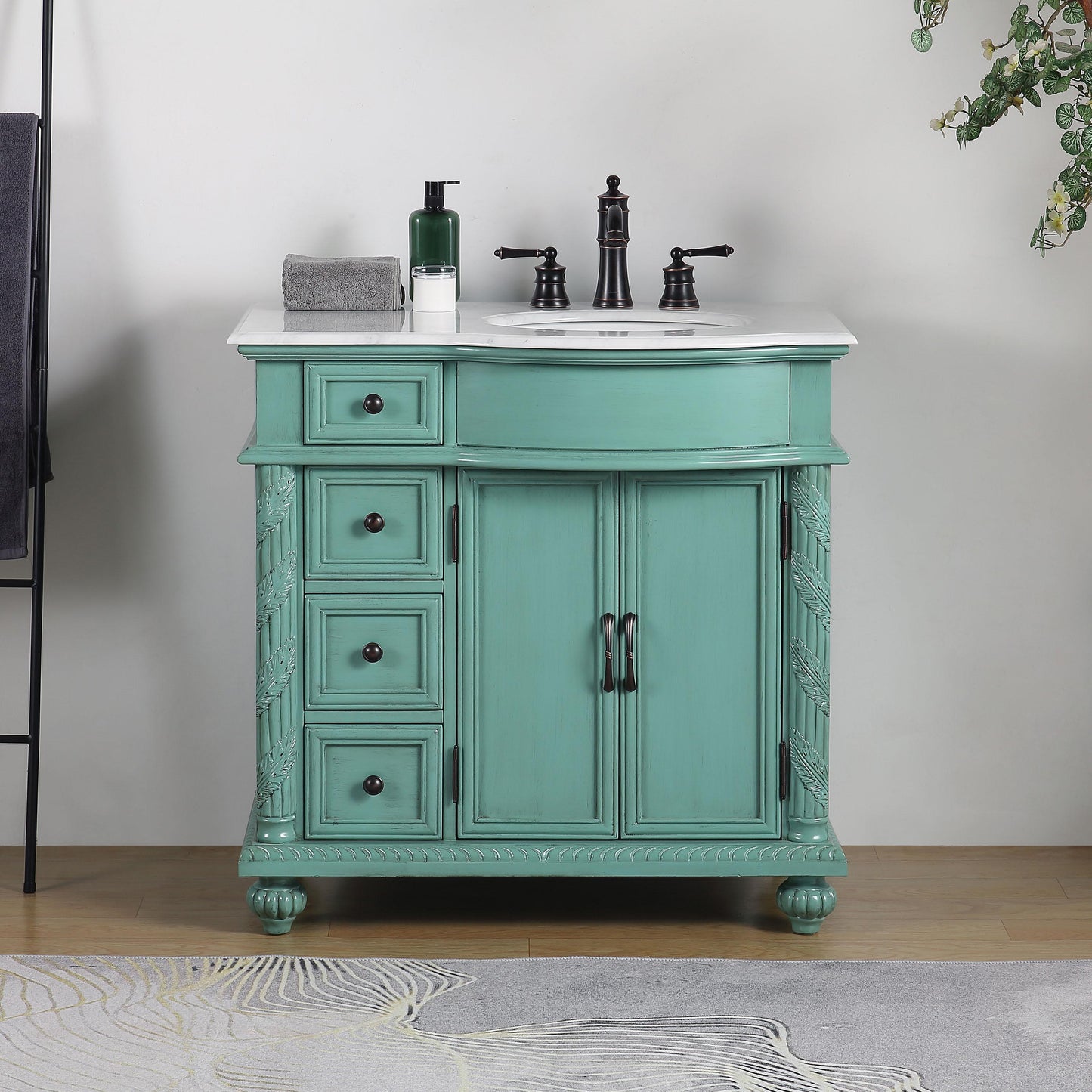 36" Single (Right) Sink Green Cabinet - Carrara White Marble Top, Ceramic Sink (3-hole)..