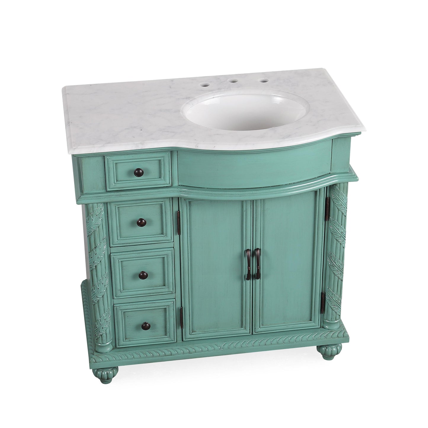36" Single (Right) Sink Green Cabinet - Carrara White Marble Top, Ceramic Sink (3-hole)..