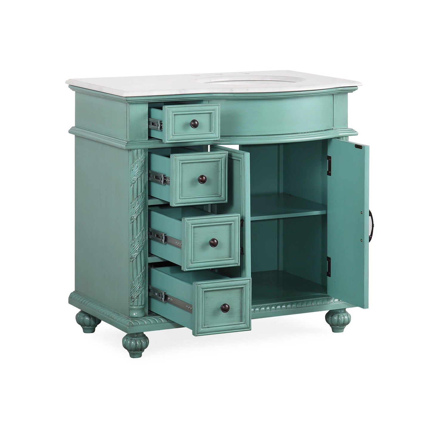 36" Single (Right) Sink Green Cabinet - Carrara White Marble Top, Ceramic Sink (3-hole)..