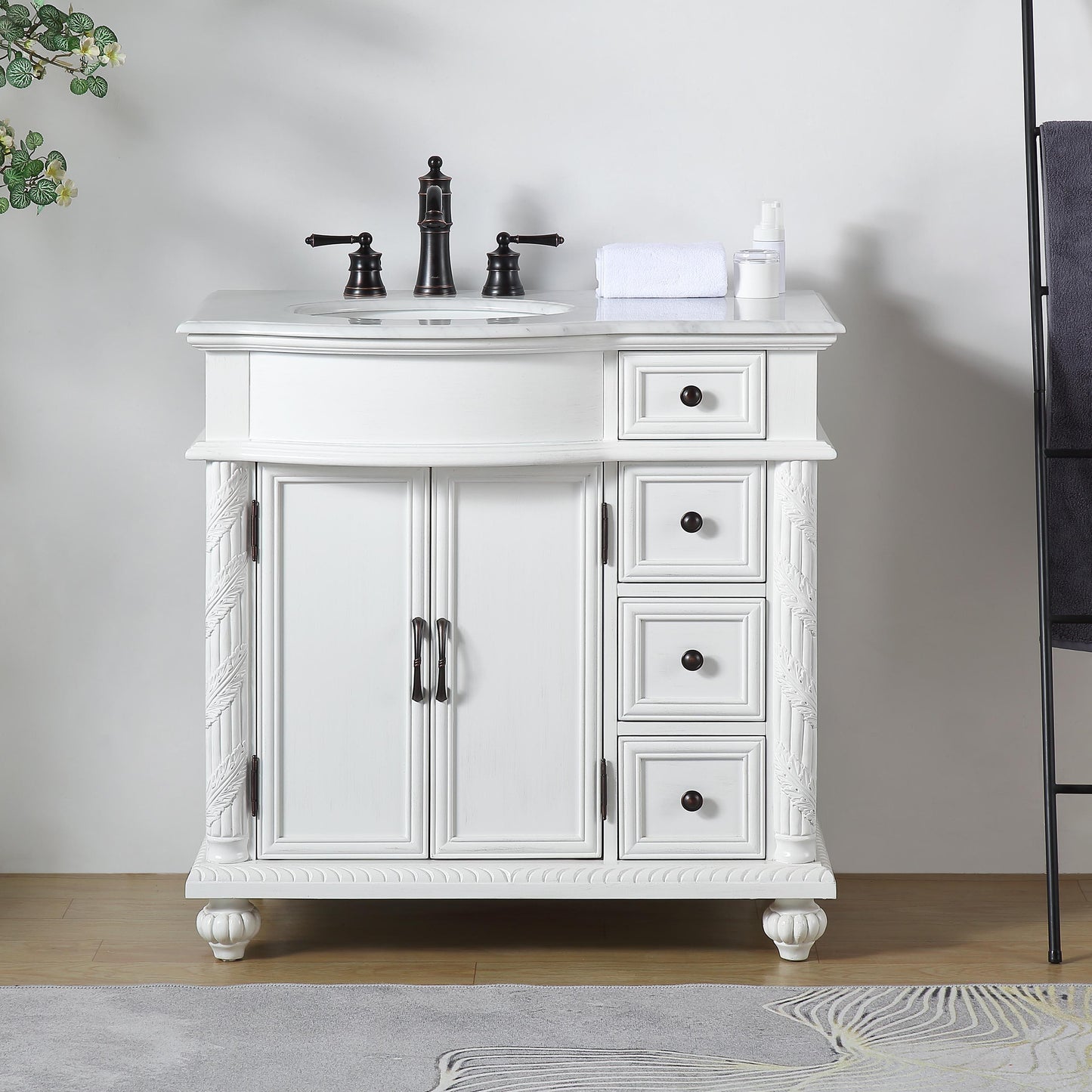 36" Single (Left) Sink White Cabinet - Carrara White Marble Top, Ceramic Sink (3-hole)..