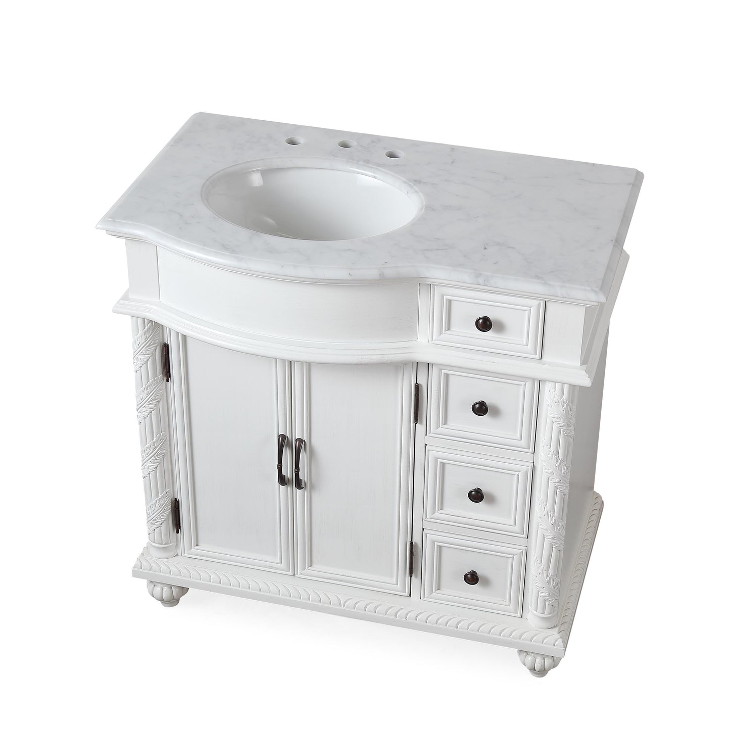 36" Single (Left) Sink White Cabinet - Carrara White Marble Top, Ceramic Sink (3-hole)..