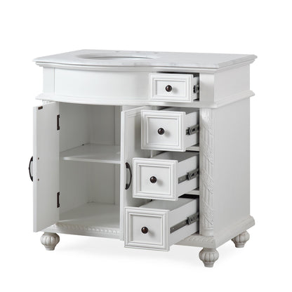 36" Single (Left) Sink White Cabinet - Carrara White Marble Top, Ceramic Sink (3-hole)..