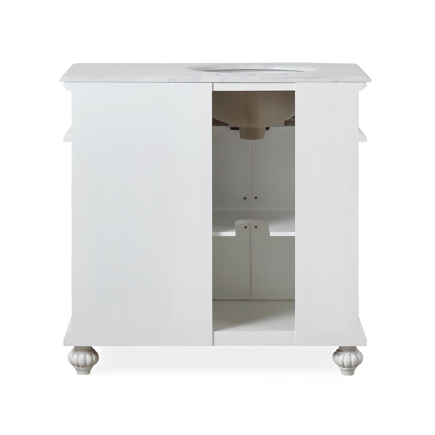 36" Single (Left) Sink White Cabinet - Carrara White Marble Top, Ceramic Sink (3-hole)..