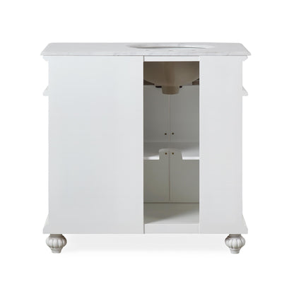 36" Single (Left) Sink White Cabinet - Carrara White Marble Top, Ceramic Sink (3-hole)..