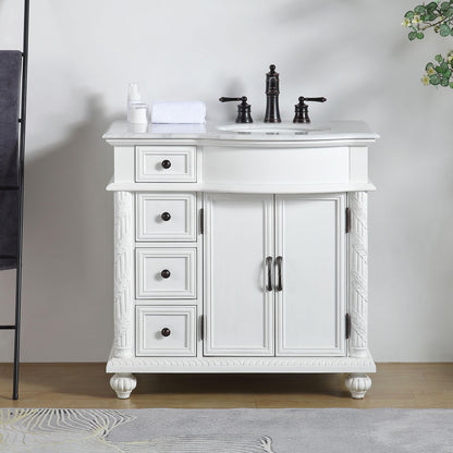 36" Single (Right) Sink White Cabinet - Carrara White Marble Top, Ceramic Sink (3-hole)..
