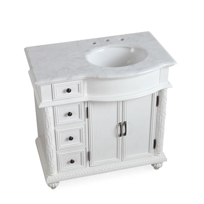 36" Single (Right) Sink White Cabinet - Carrara White Marble Top, Ceramic Sink (3-hole)..