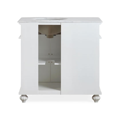 36" Single (Right) Sink White Cabinet - Carrara White Marble Top, Ceramic Sink (3-hole)..