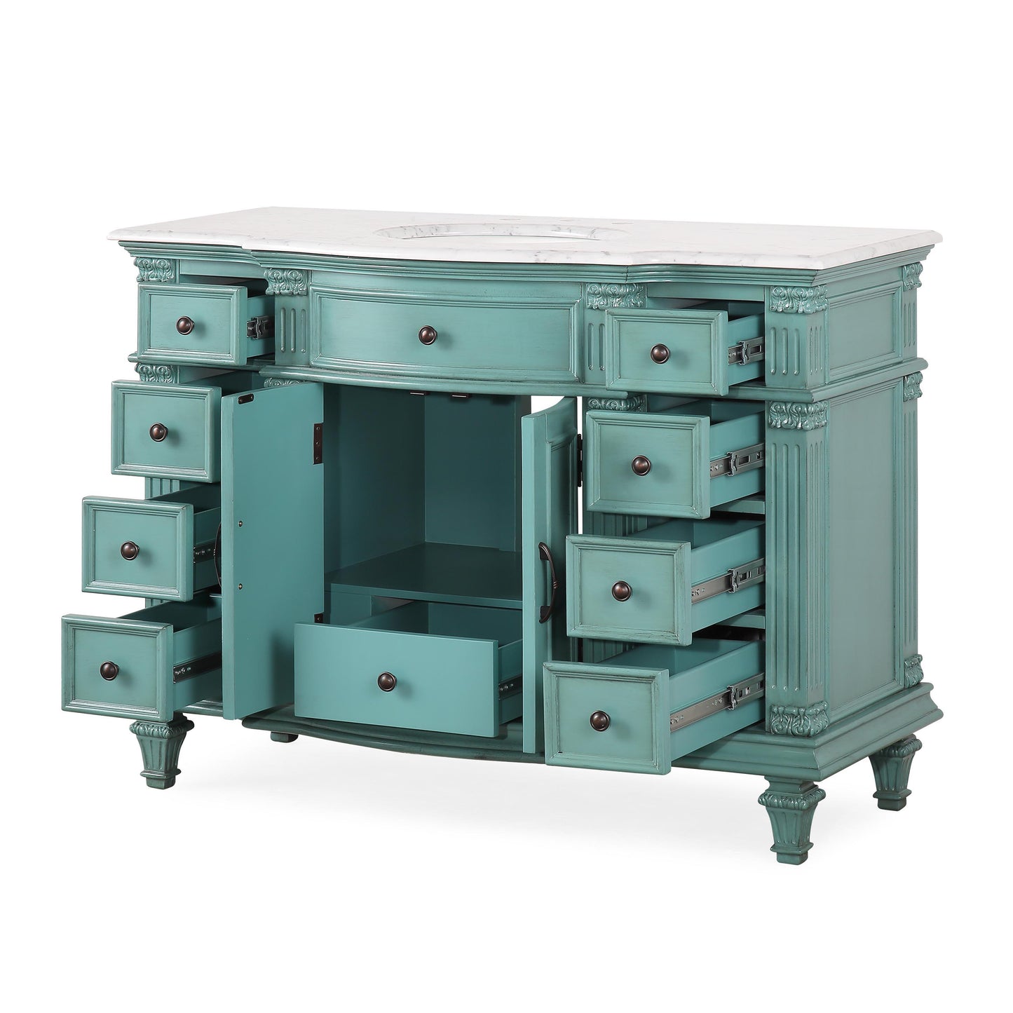 48" Single Sink Green Cabinet - Carrara White Marble Top, Ceramic Sink (3-hole)