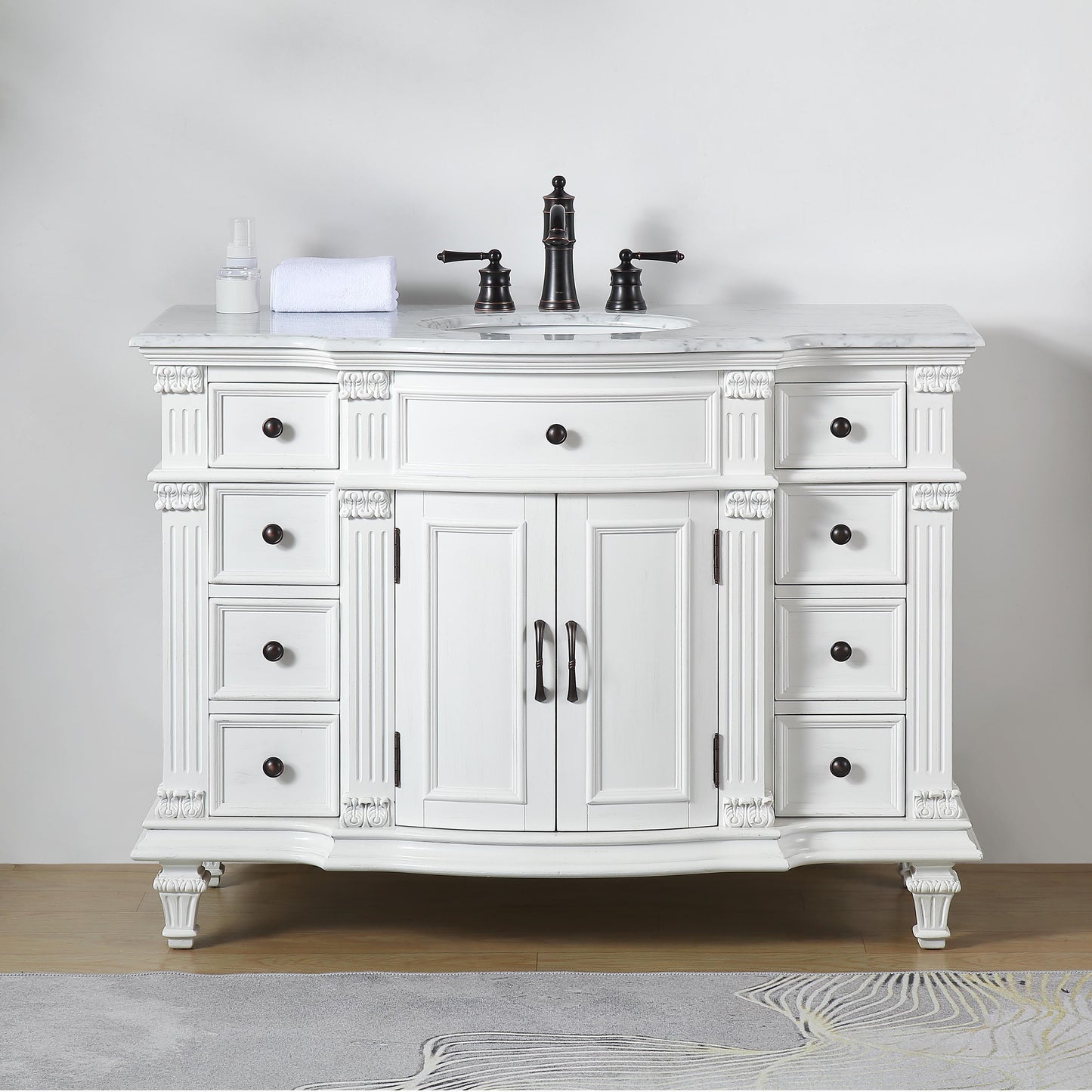 48" Single Sink White Cabinet - Carrara White Marble Top, Ceramic Sink (3-hole)
