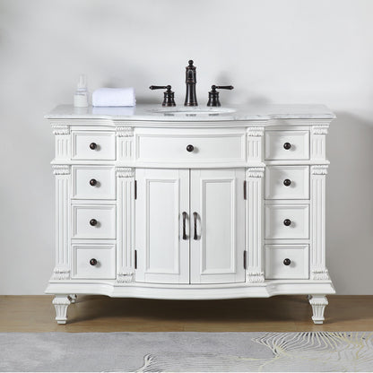 48" Single Sink White Cabinet - Carrara White Marble Top, Ceramic Sink (3-hole)