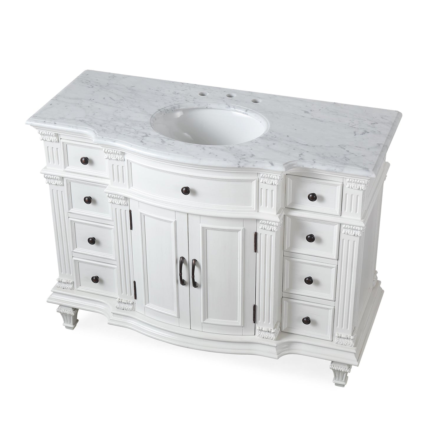 48" Single Sink White Cabinet - Carrara White Marble Top, Ceramic Sink (3-hole)