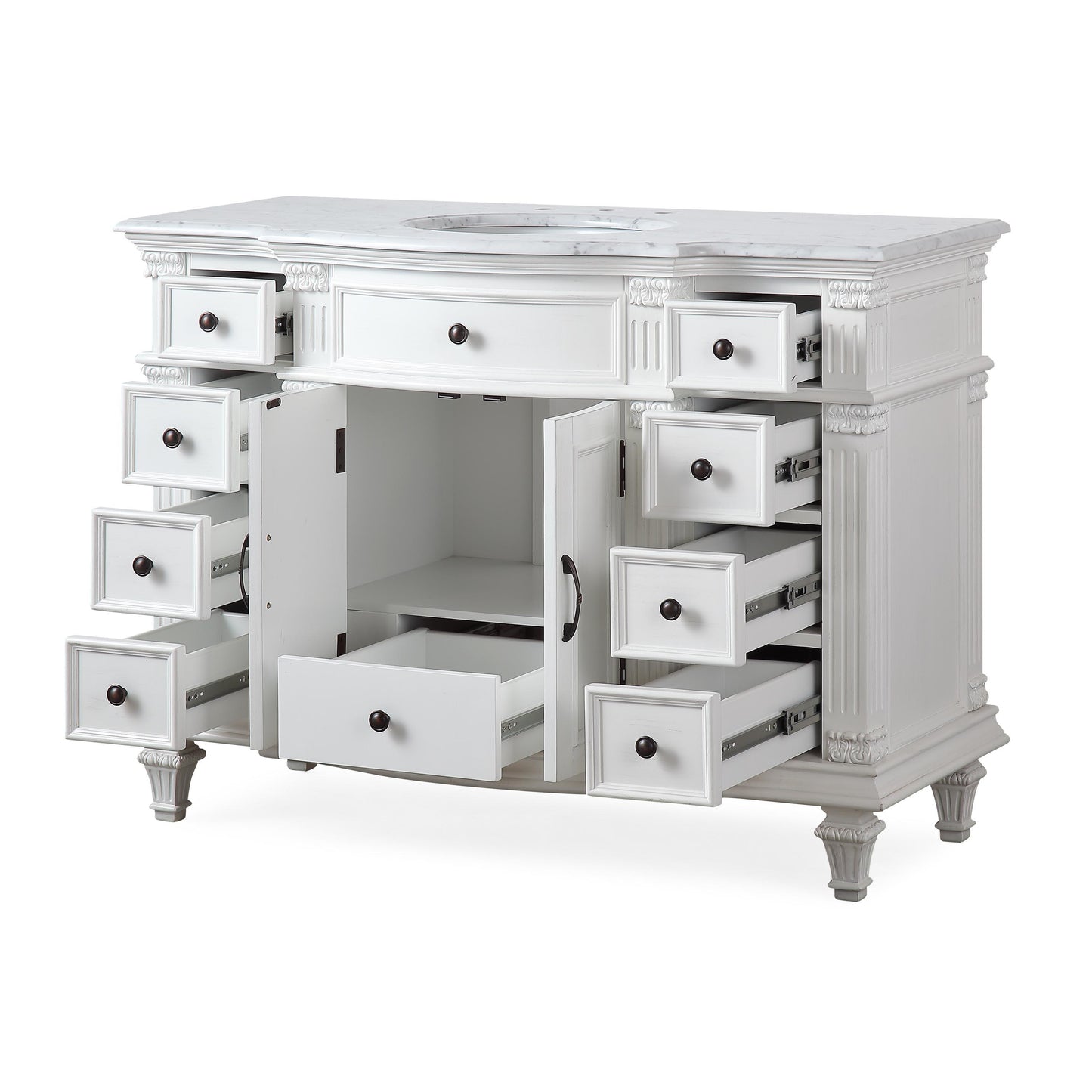 48" Single Sink White Cabinet - Carrara White Marble Top, Ceramic Sink (3-hole)