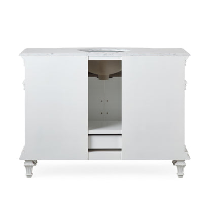 48" Single Sink White Cabinet - Carrara White Marble Top, Ceramic Sink (3-hole)