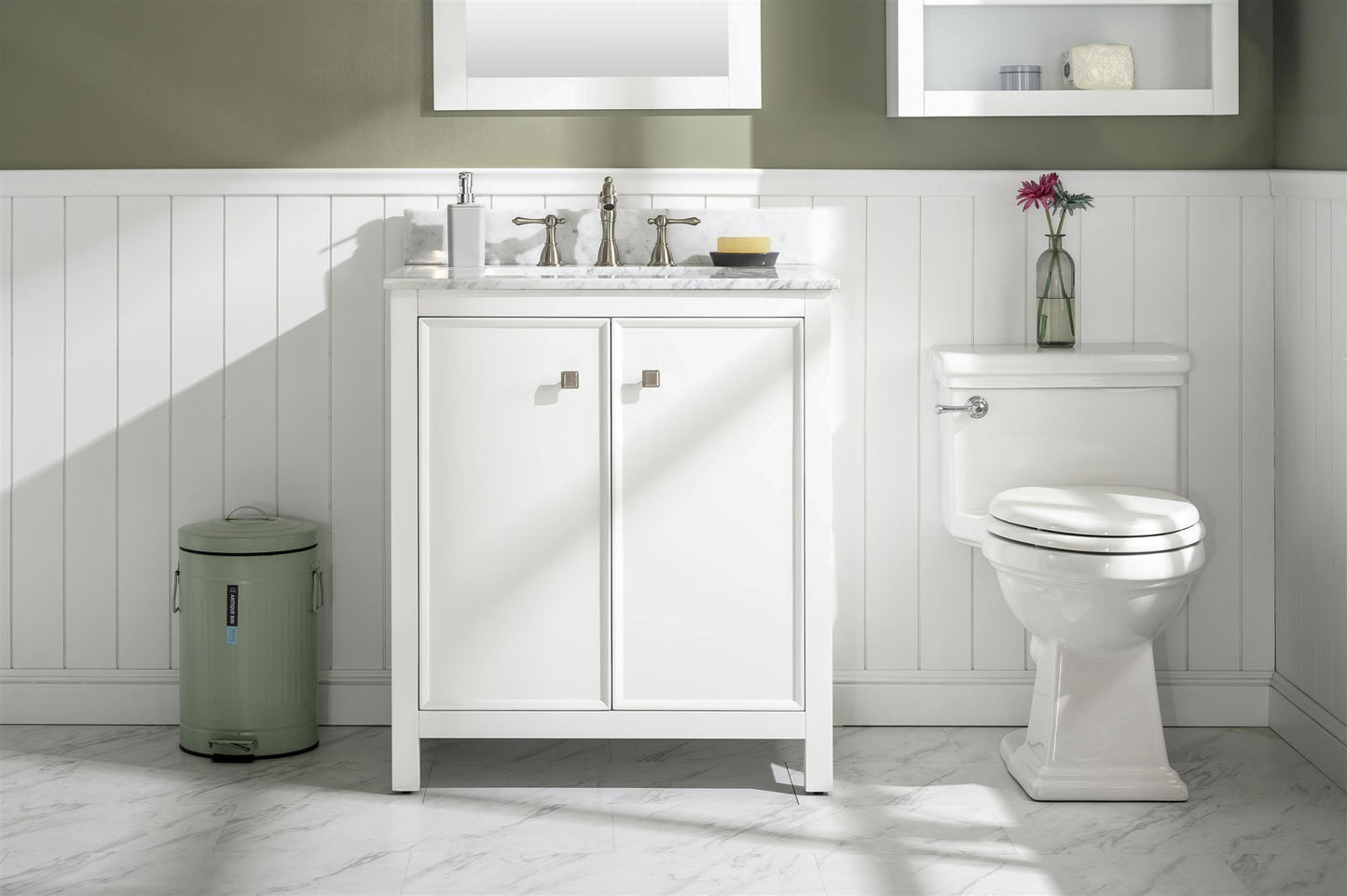 30" WHITE FINISH SINK VANITY CABINET WITH CARRARA WHITE TOP