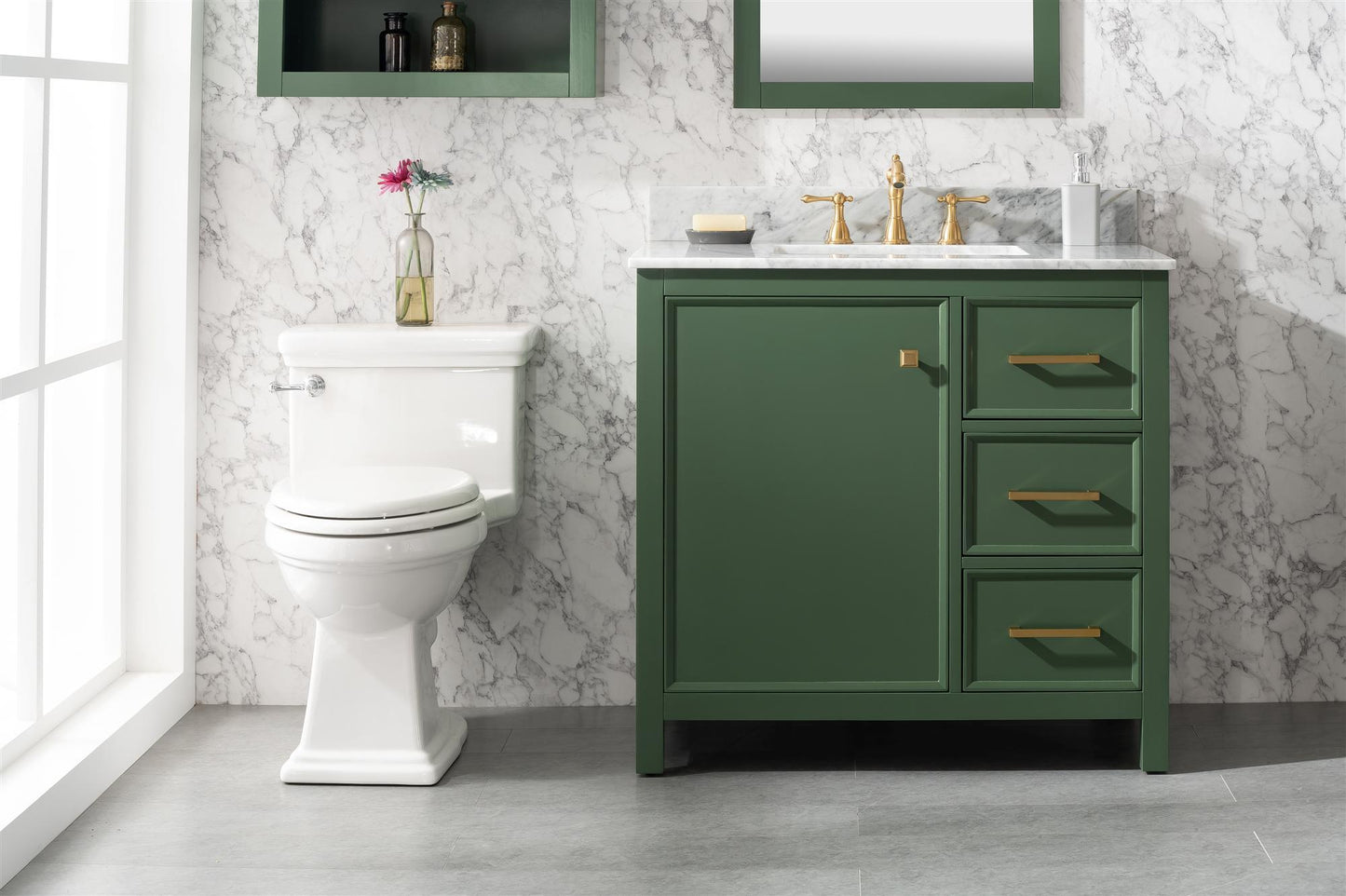36" VOGUE GREEN FINISH SINK VANITY CABINET WITH CARRARA WHITE TOP