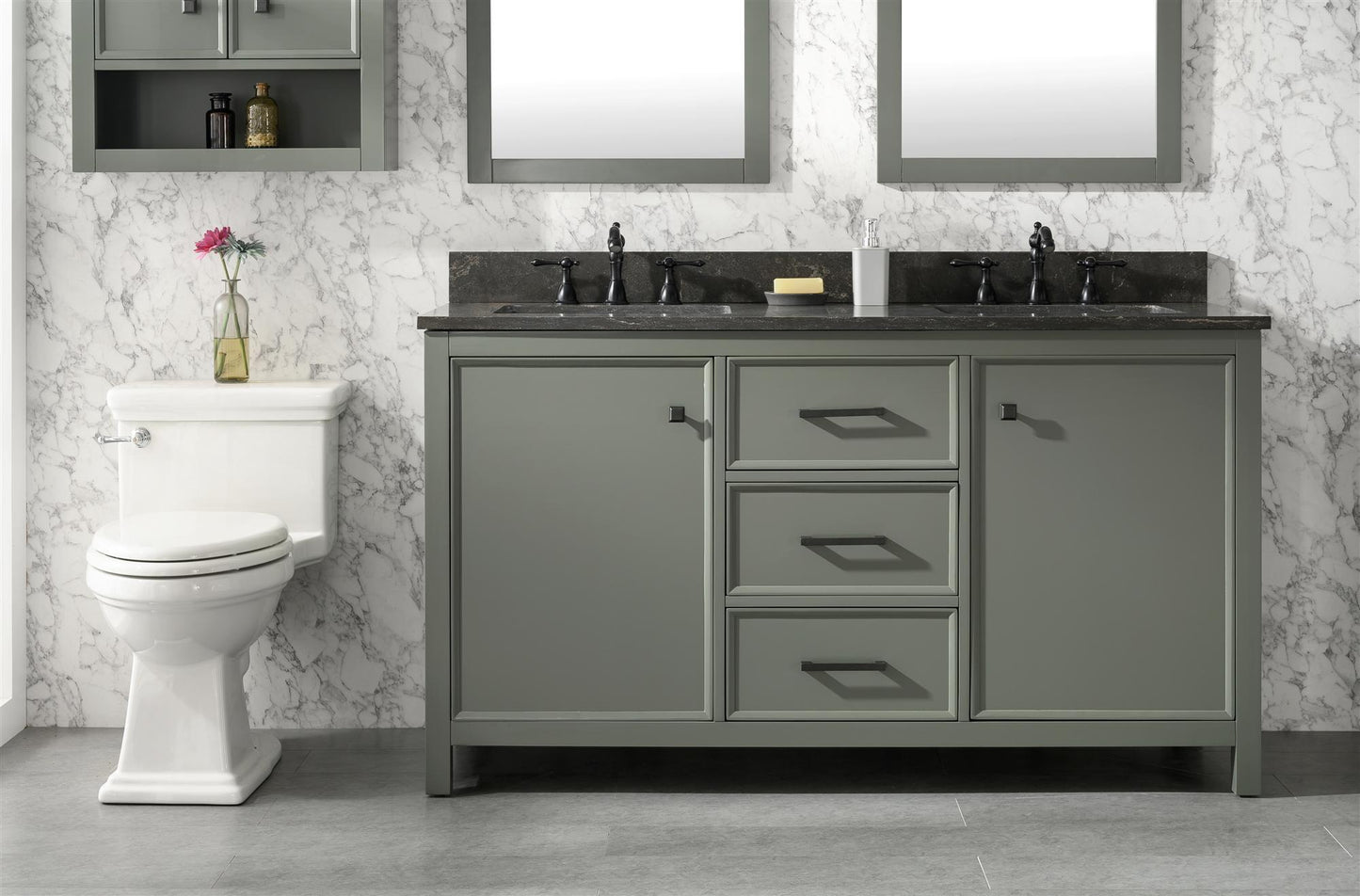 60" PEWTER GREEN FINISH DOUBLE SINK VANITY CABINET WITH BLUE LIME STONE TOP