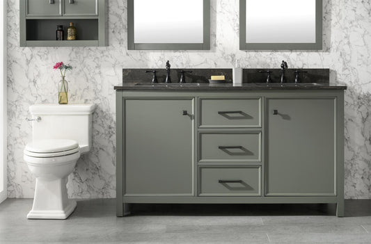 60" PEWTER GREEN FINISH DOUBLE SINK VANITY CABINET WITH BLUE LIME STONE TOP
