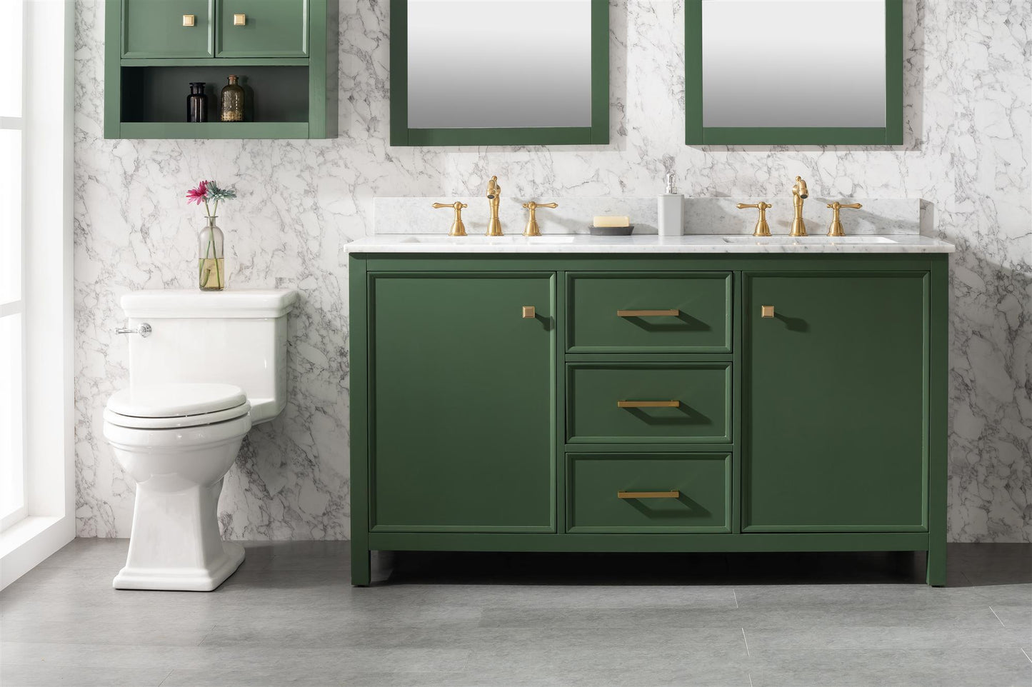 60" VOGUE GREEN FINISH DOUBLE SINK VANITY CABINET WITH CARRARA WHITE TOP