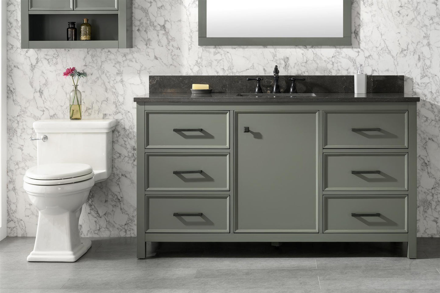60" PEWTER GREEN FINISH SINGLE SINK VANITY CABINET WITH BLUE LIME STONE TOP