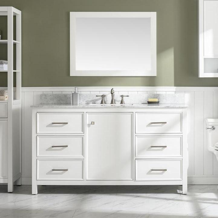 60" WHITE FINISH SINGLE SINK VANITY CABINET WITH CARRARA WHITE TOP