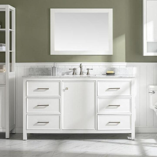 60" WHITE FINISH SINGLE SINK VANITY CABINET WITH CARRARA WHITE TOP