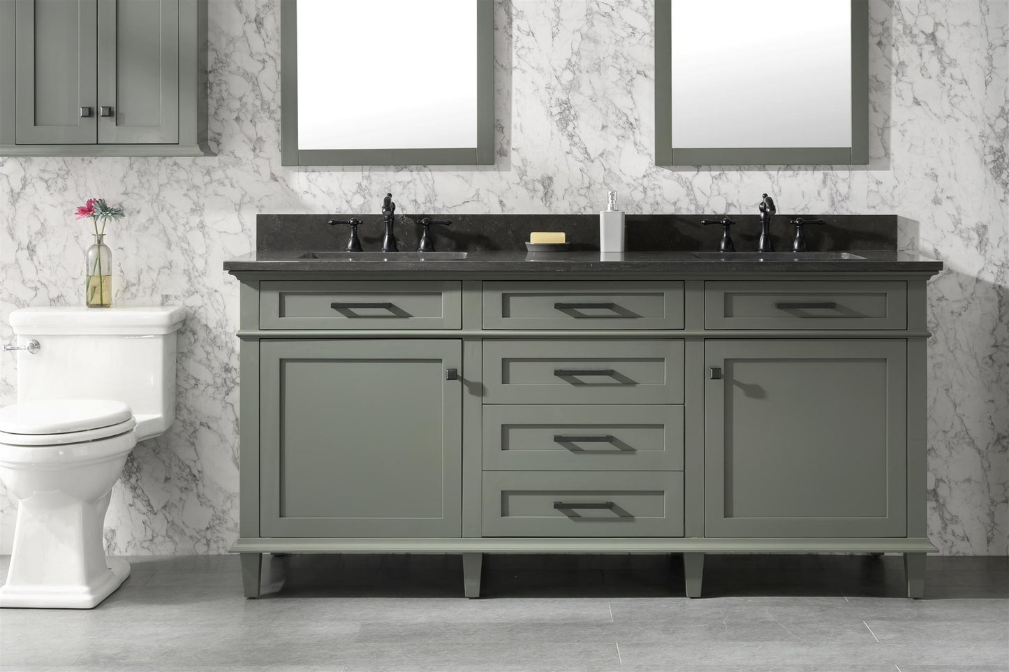 72" PEWTER GREEN DOUBLE SINGLE SINK VANITY CABINET WITH BLUE LIME STONE TOP