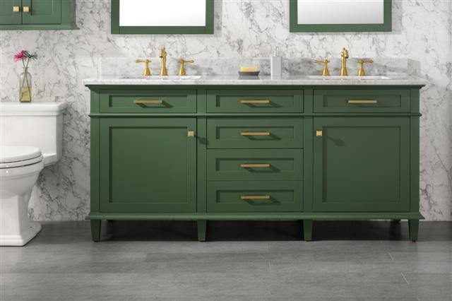 72" VOGUE GREEN DOUBLE SINGLE SINK VANITY CABINET WITH CARRARA WHITE TOP