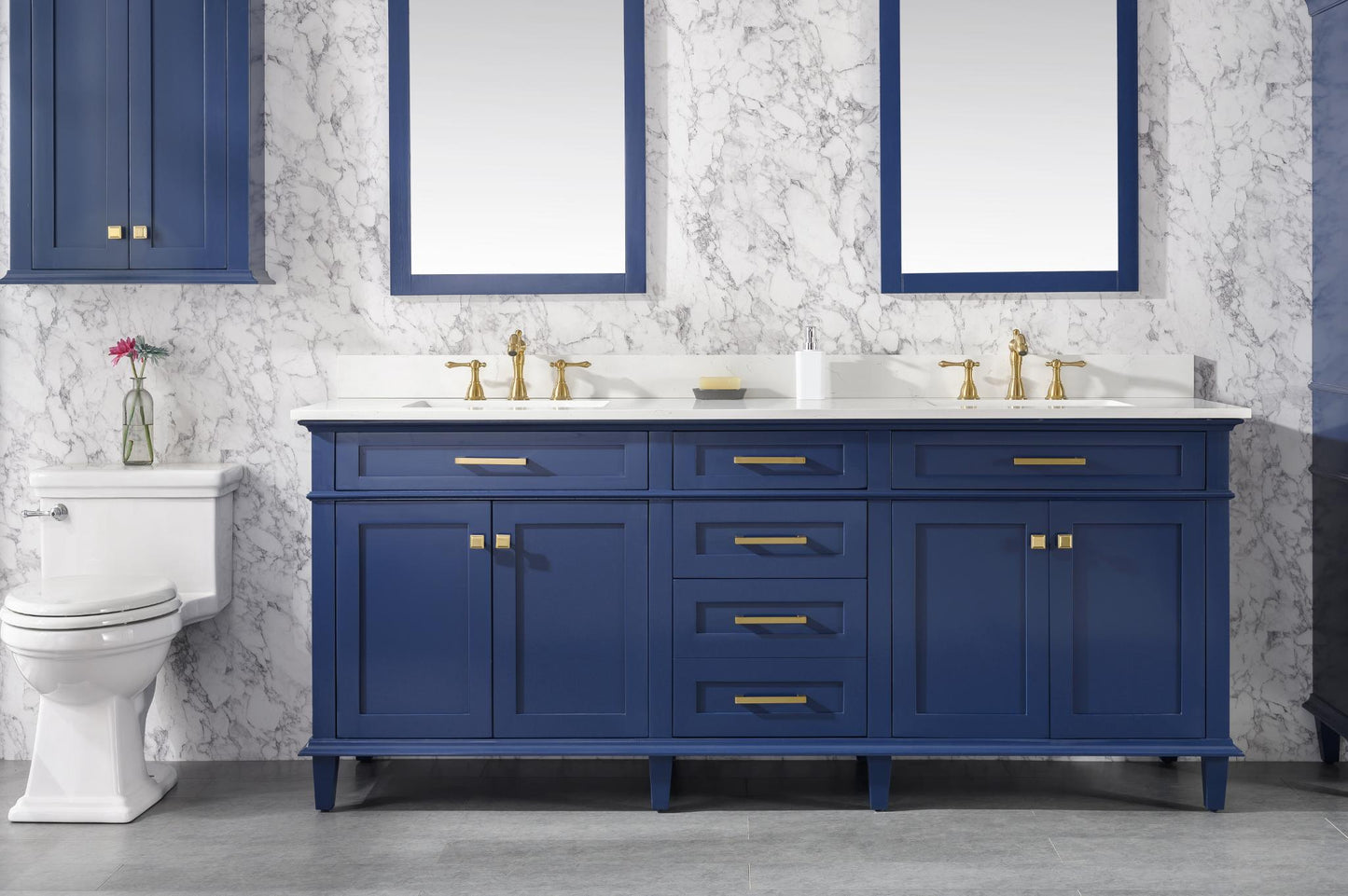 80" BLUE DOUBLE SINK VANITY CABINET WITH CARRARA WHITE QUARTZ TOP WLF2280-CW-QZ