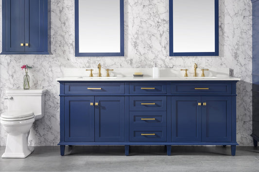 80" BLUE DOUBLE SINK VANITY CABINET WITH CARRARA WHITE QUARTZ TOP WLF2280-CW-QZ