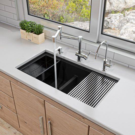 Black 33" Granite Composite Workstation Step Rim Double Bowl Undermount Sink with Accessories