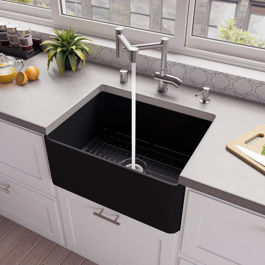 Black Matte Smooth Apron 24" x 18" Single Bowl Fireclay Farm Sink